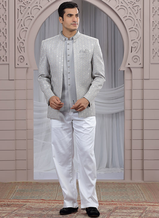 Art Silk Grey Wedding Wear Pattern Pc Work Readymade Indo Western 385497