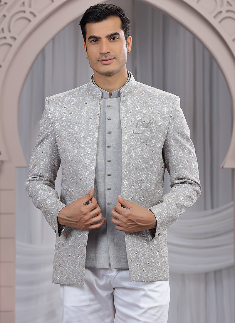 Art Silk Grey Wedding Wear Pattern Pc Work Readymade Indo Western 385497