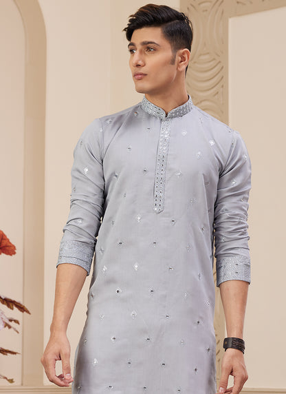Stylish Grey Art Silk Kurta Pajama with Sequins Work