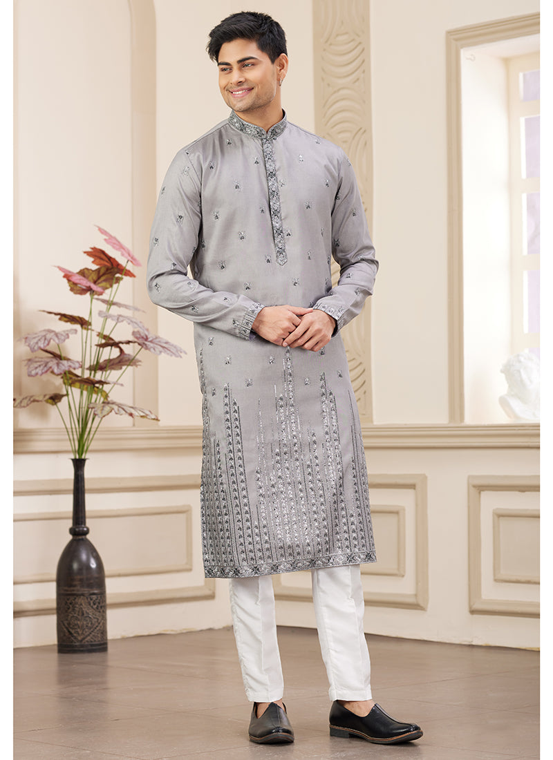Elegant Grey Party Wear Art Silk Kurta Pajama
