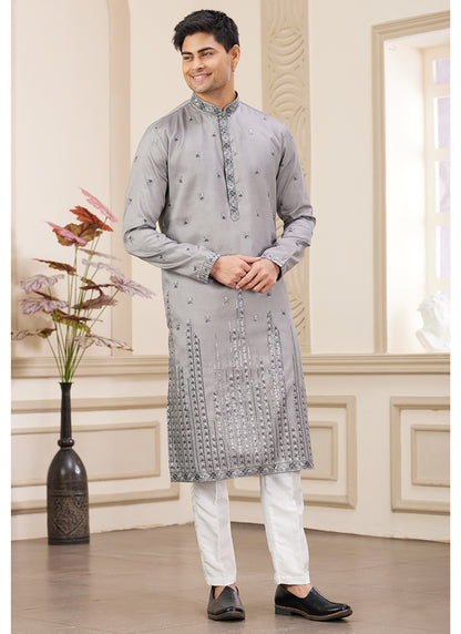 Elegant Grey Party Wear Art Silk Kurta Pajama