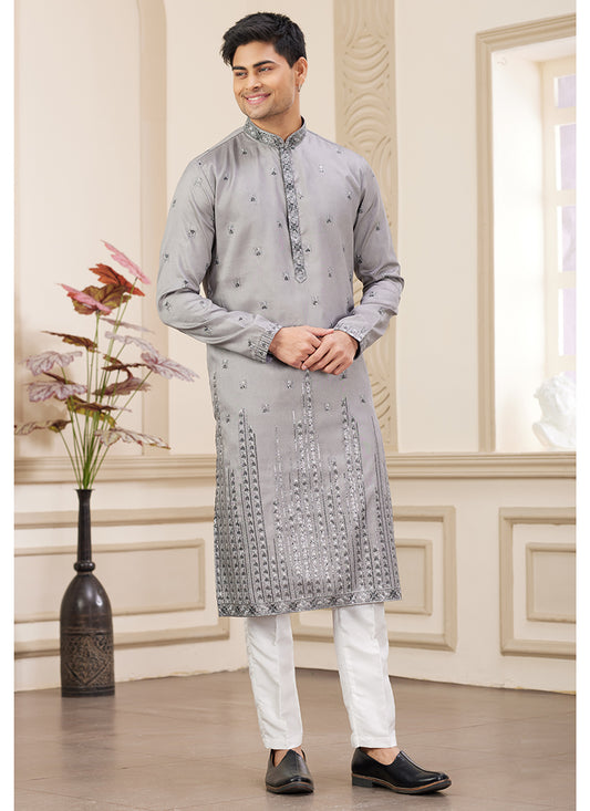 Elegant Grey Party Wear Art Silk Kurta Pajama
