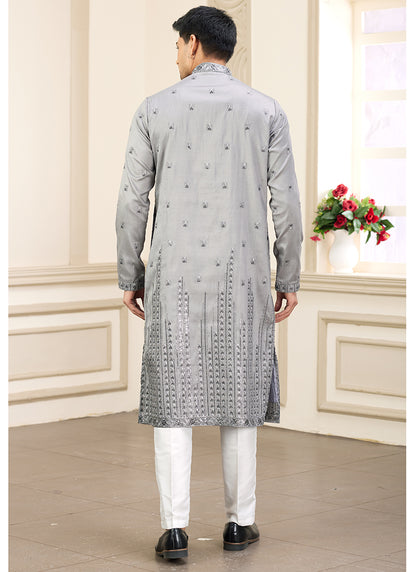 Elegant Grey Party Wear Art Silk Kurta Pajama