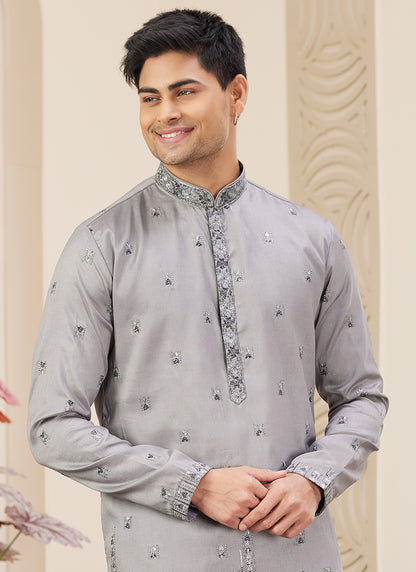 Elegant Grey Party Wear Art Silk Kurta Pajama
