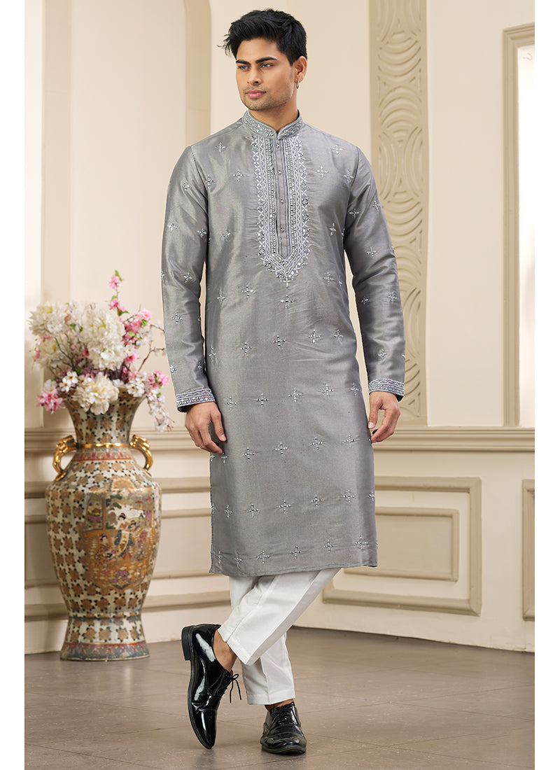 Trendy Grey Banarasi Silk Kurta Pajama with Shimmering Sequins