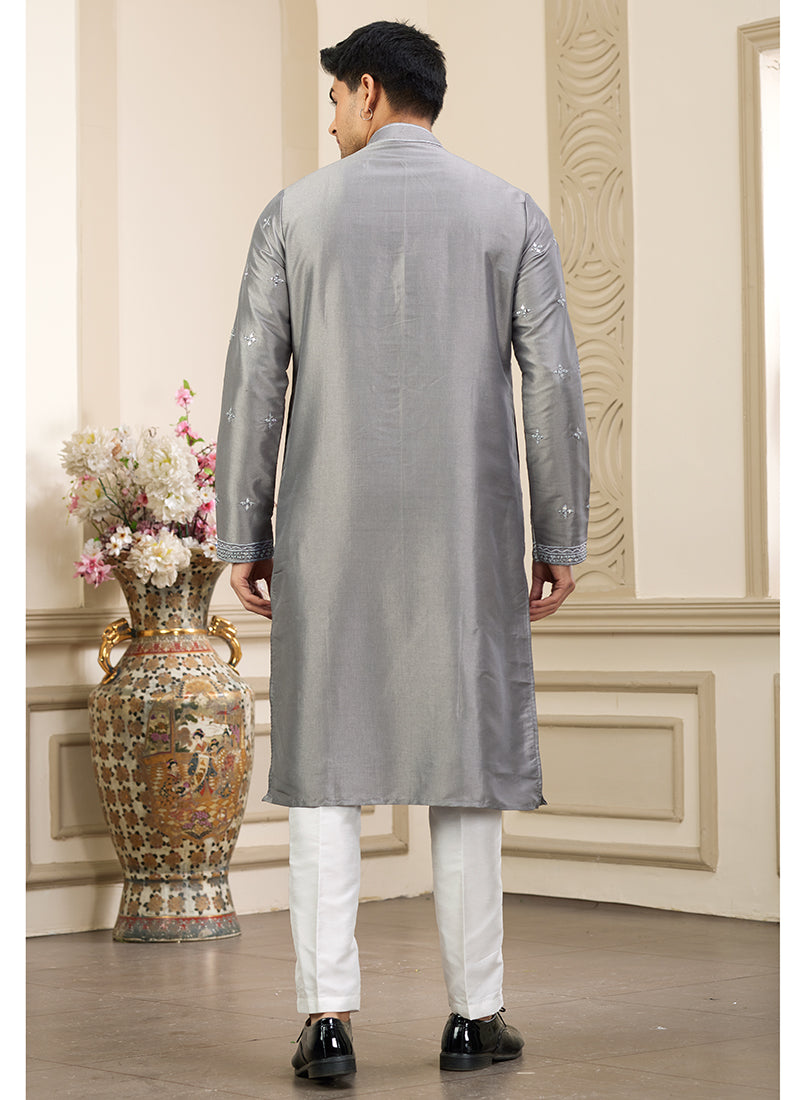 Trendy Grey Banarasi Silk Kurta Pajama with Shimmering Sequins