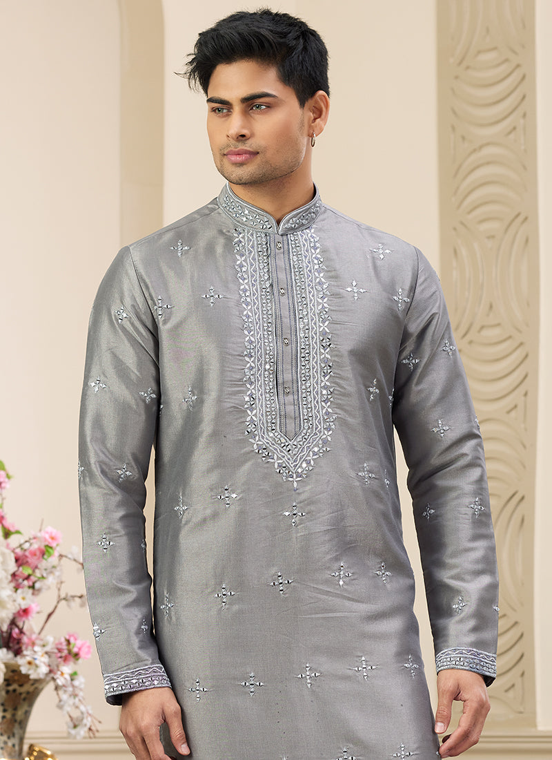 Trendy Grey Banarasi Silk Kurta Pajama with Shimmering Sequins