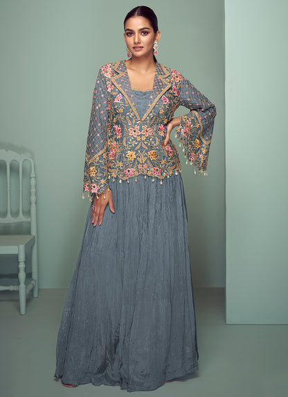 Grey Chinon Embroidery Work Occasional Wear Readymade Designer Suit SW501094