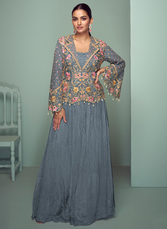 Grey Chinon Embroidery Work Occasional Wear Readymade Designer Suit SW501094