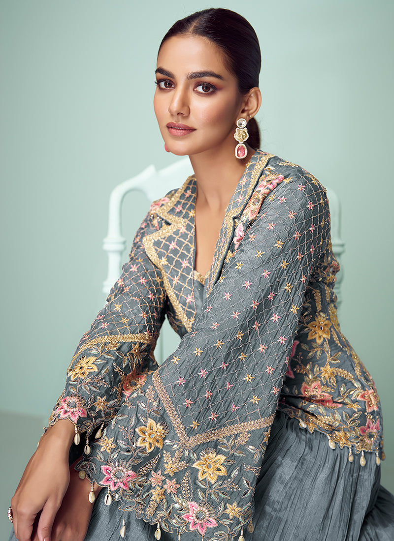 Grey Chinon Embroidery Work Occasional Wear Readymade Designer Suit SW501094