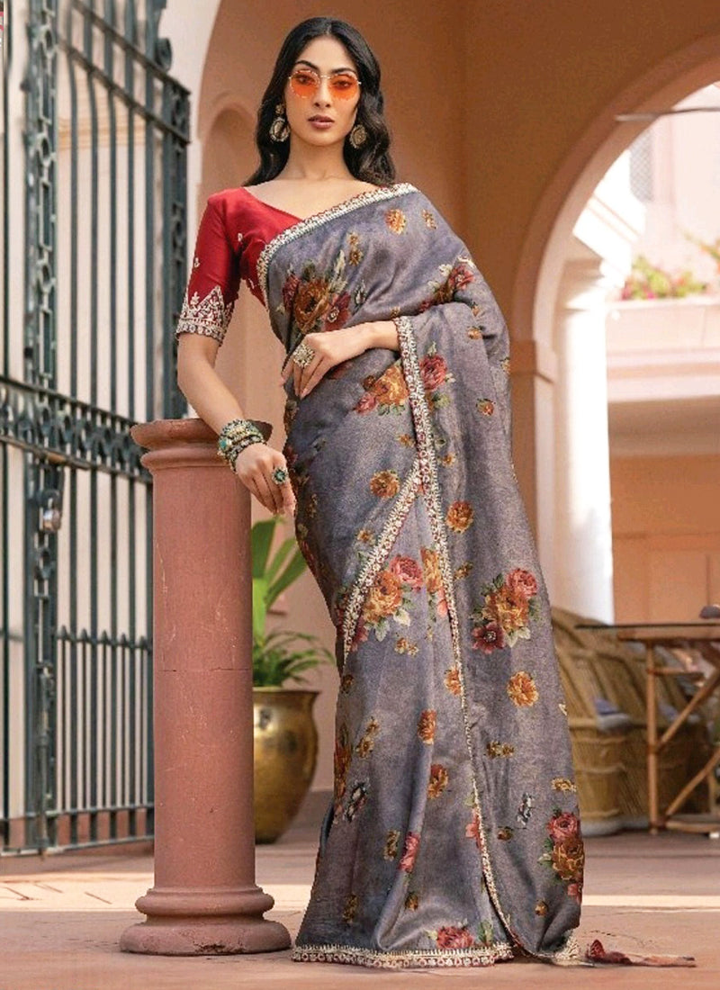 Dola Silk Grey Saree with Floral Print for Party Wear 381973