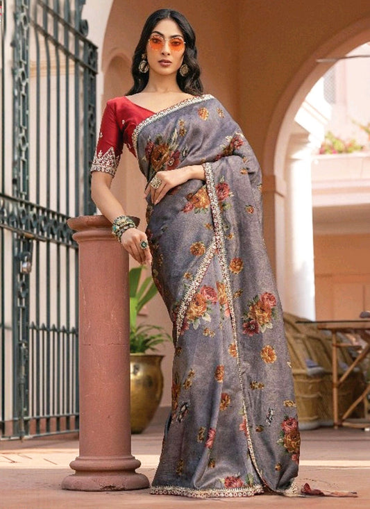 Dola Silk Grey Saree with Floral Print for Party Wear 381973