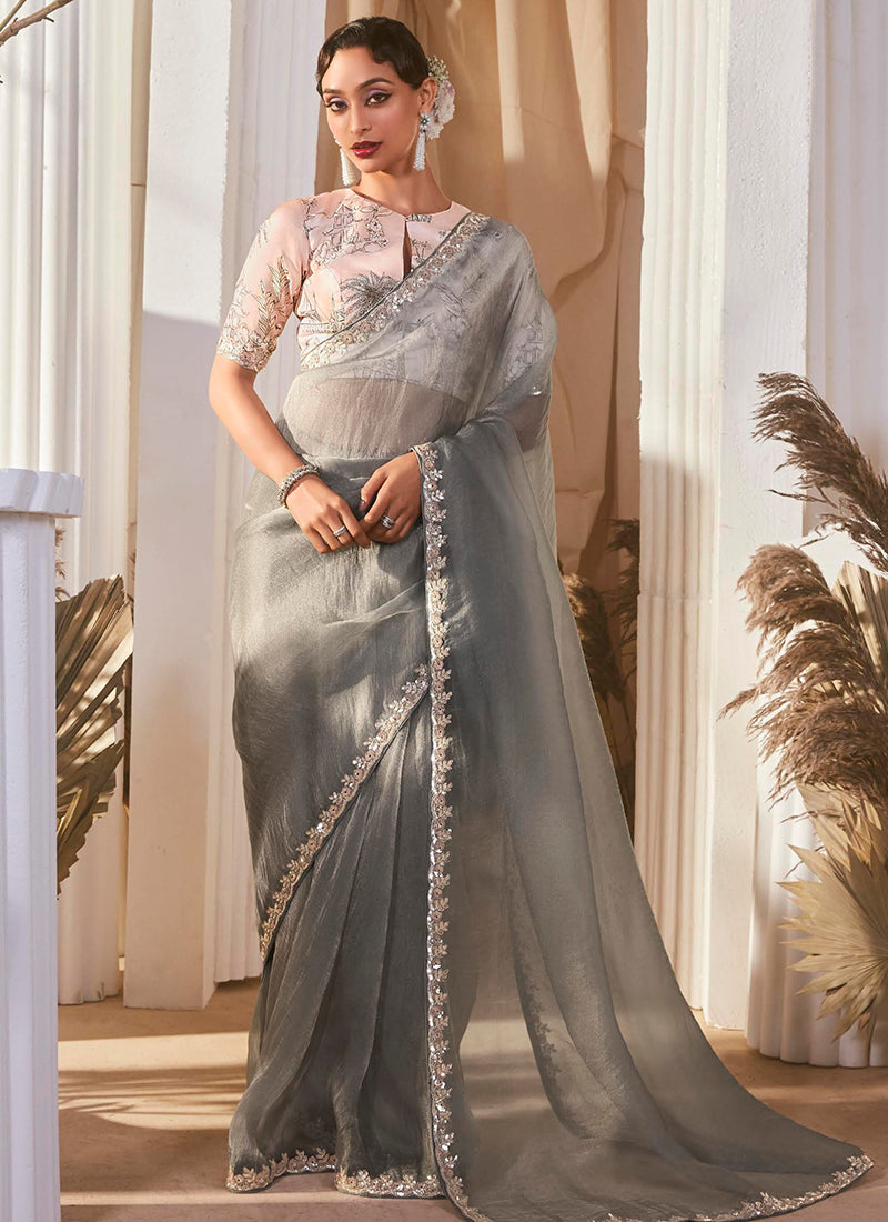 Fancy Grey Bridal Wear Saree with Lace Work 381696