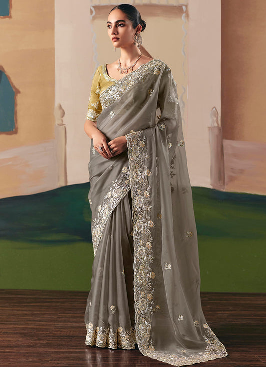 Fancy Fabric Grey Saree with Embroidery Work for Wedding Wear 384696