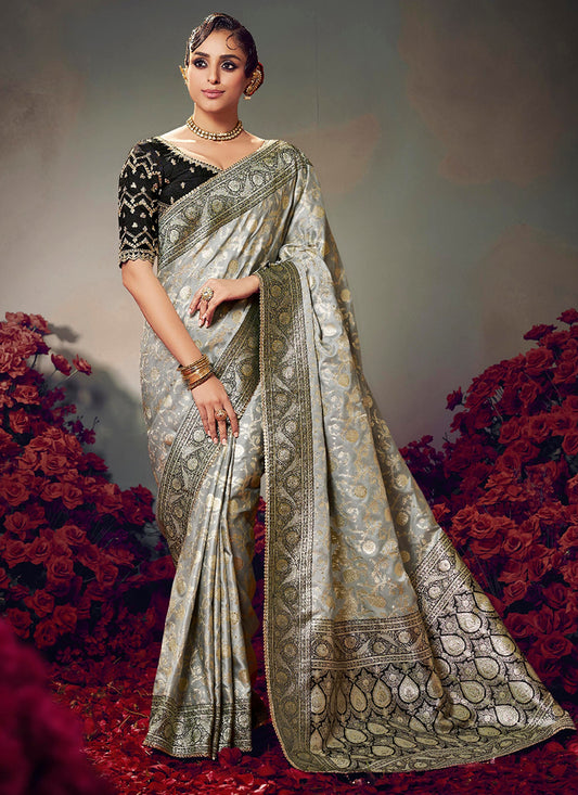 Fancy Fabric Grey Wedding Wear Embroidery Work Saree 385873
