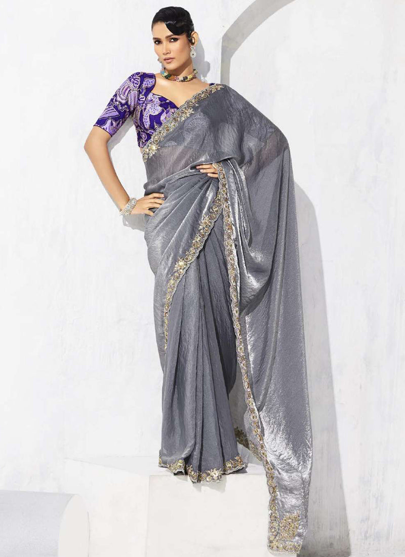 Fancy Fabric Grey Designer Saree with Thread Embroidery Work for Wedding Wear 384474