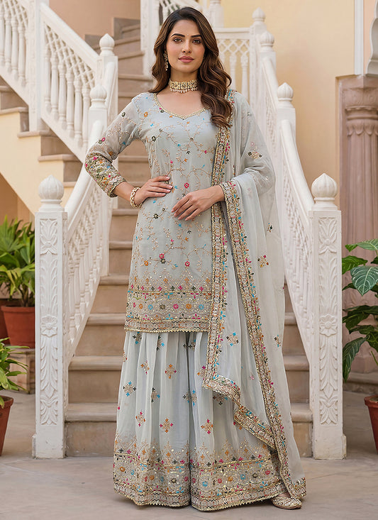 Grey Faux Georgette  Sequins Work  Occasional Wear Readymade Sharara Suit SW824906
