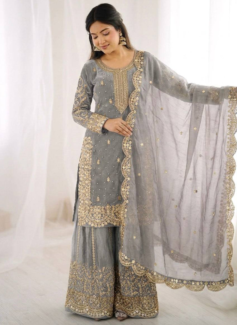 Grey Fendi Silk Embroidery Work Festival Wear Readymade Plazzo Suit SW326557