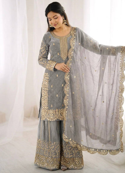 Grey Fendi Silk Embroidery Work Festival Wear Readymade Plazzo Suit SW326557