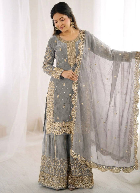 Grey Fendi Silk Embroidery Work Festival Wear Readymade Plazzo Suit SW326557