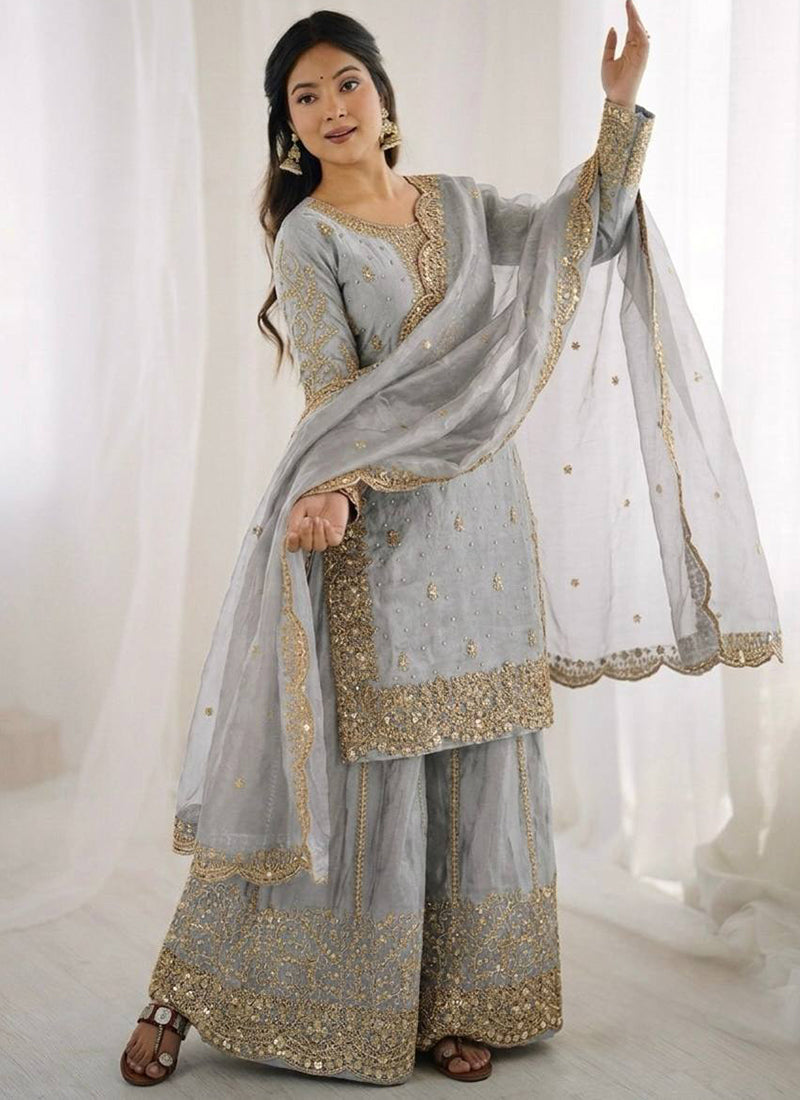 Grey Fendi Silk Embroidery Work Festival Wear Readymade Plazzo Suit SW326557
