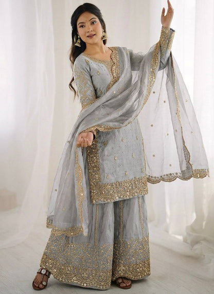 Grey Fendi Silk Embroidery Work Festival Wear Readymade Plazzo Suit SW326557