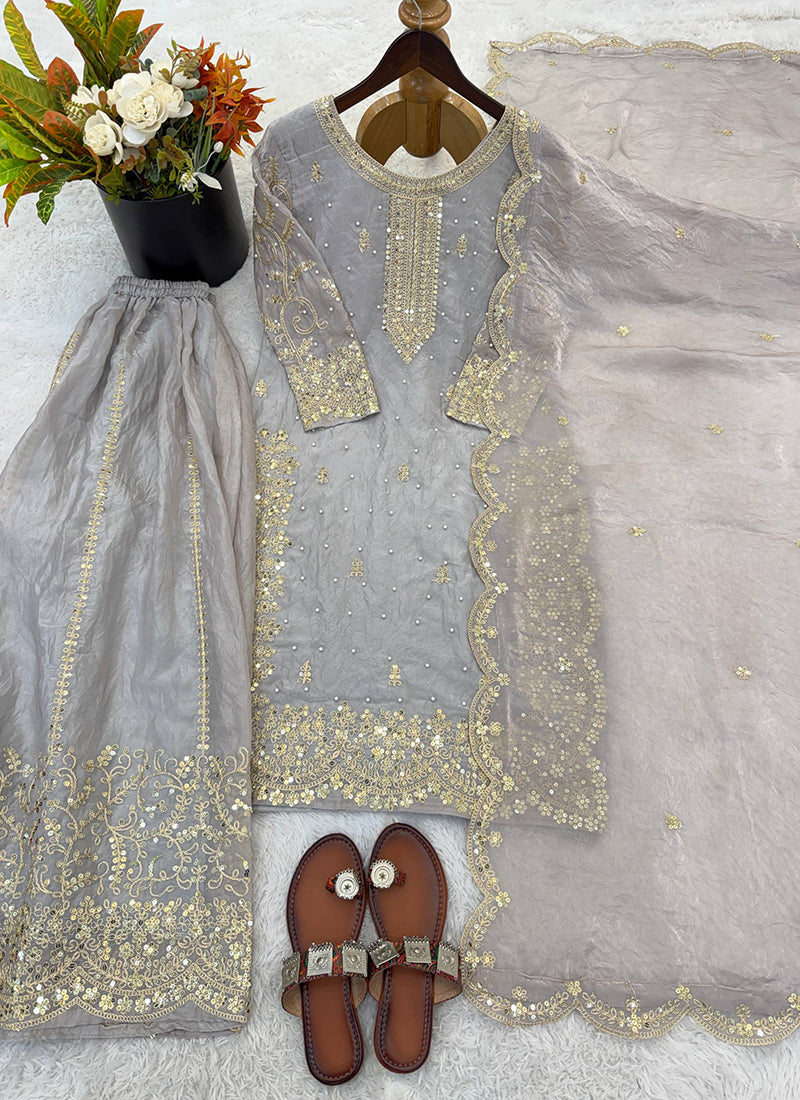 Grey Fendi Silk Embroidery Work Festival Wear Readymade Plazzo Suit SW326557