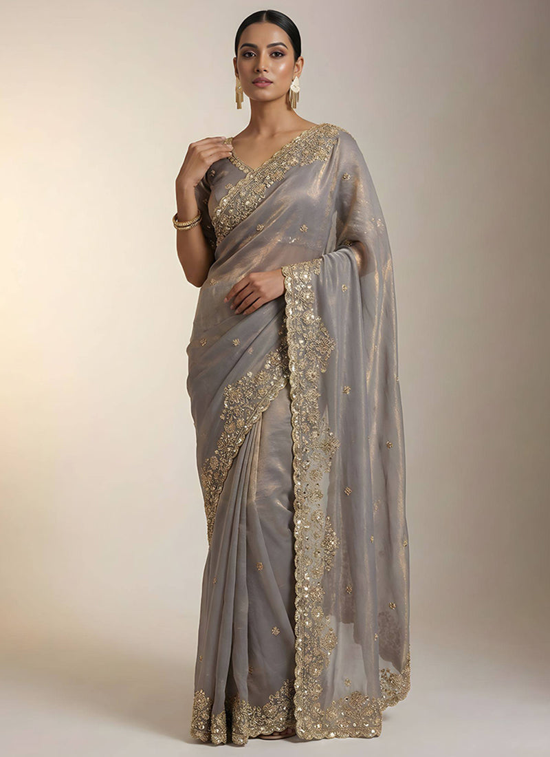 Grey Fendy Satin Silk Zari Embroidery Work Wedding Wear Wedding Saree SW256446