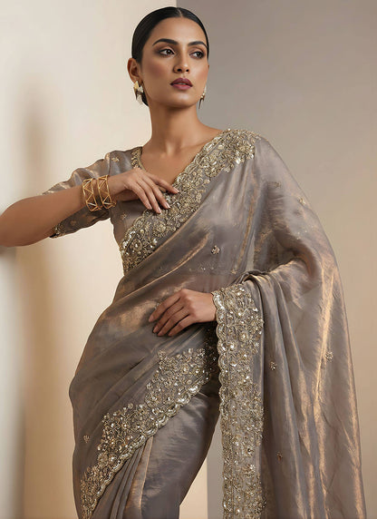 Grey Fendy Satin Silk Zari Embroidery Work Wedding Wear Wedding Saree SW256446