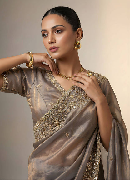 Grey Fendy Satin Silk Zari Embroidery Work Wedding Wear Wedding Saree SW256446