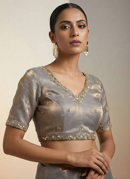 Grey Fendy Satin Silk Zari Embroidery Work Wedding Wear Wedding Saree SW256446