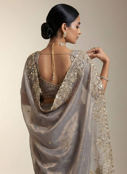 Grey Fendy Satin Silk Zari Embroidery Work Wedding Wear Wedding Saree SW256446