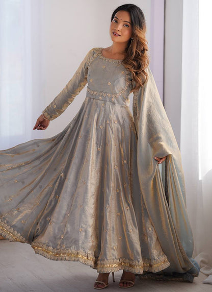 Fendy Silk Grey Casual Wear Sequins Work Readymade Anarkali Suit 388727