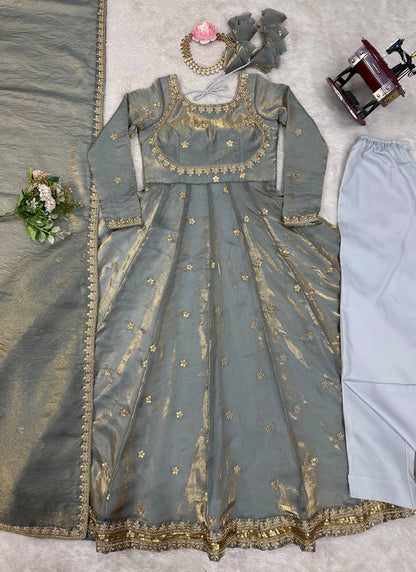 Fendy Silk Grey Casual Wear Sequins Work Readymade Anarkali Suit 388727