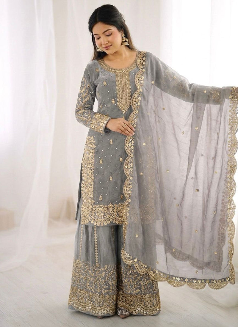 Grey Fendy Silk Embroidery Work Occasional Wear Readymade Plazzo Suit SW607986