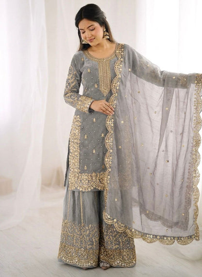 Grey Fendy Silk Embroidery Work Occasional Wear Readymade Plazzo Suit SW607986