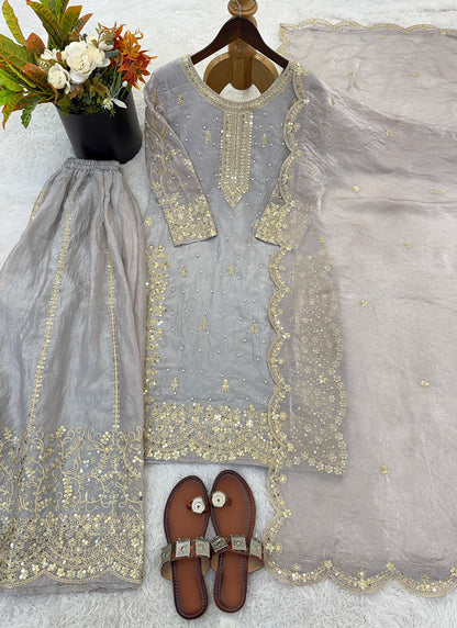 Grey Fendy Silk Embroidery Work Occasional Wear Readymade Plazzo Suit SW607986