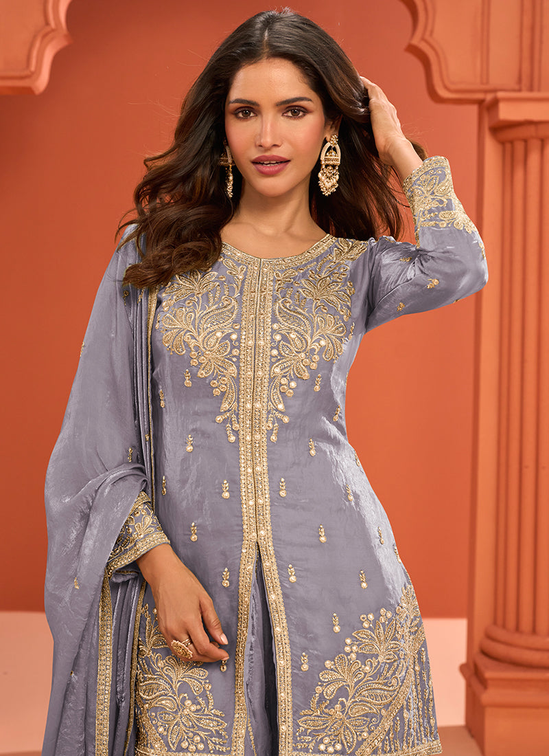 Grey Fendy Silk Embroidery Work Party Wear Readymade Plazzo Suit SW810761