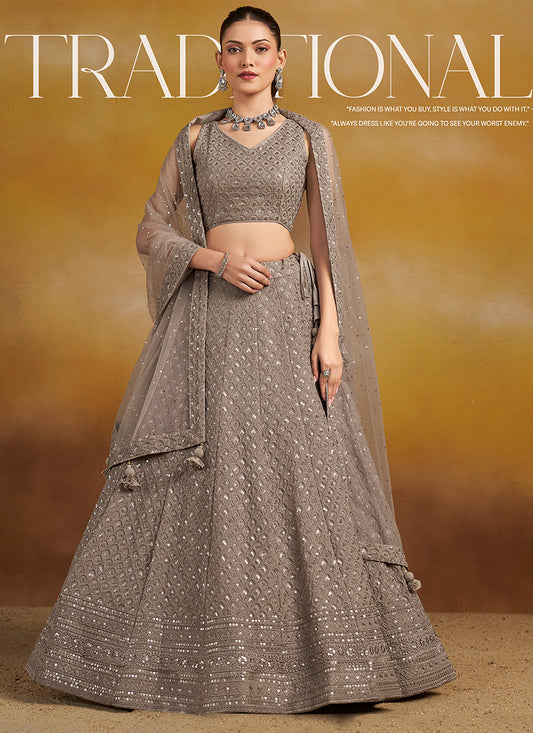 Georgette Brown Wedding Wear Thread Embroidery Work Lehenga Choli 385596