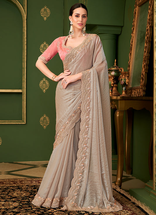 Georgette Silk Grey Wedding Wear Zari Embroidery Work Saree 386655