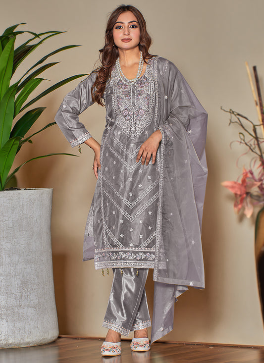 Heavy Organza Grey Eid Wear Embroidery Work Pakistani Suit 388305