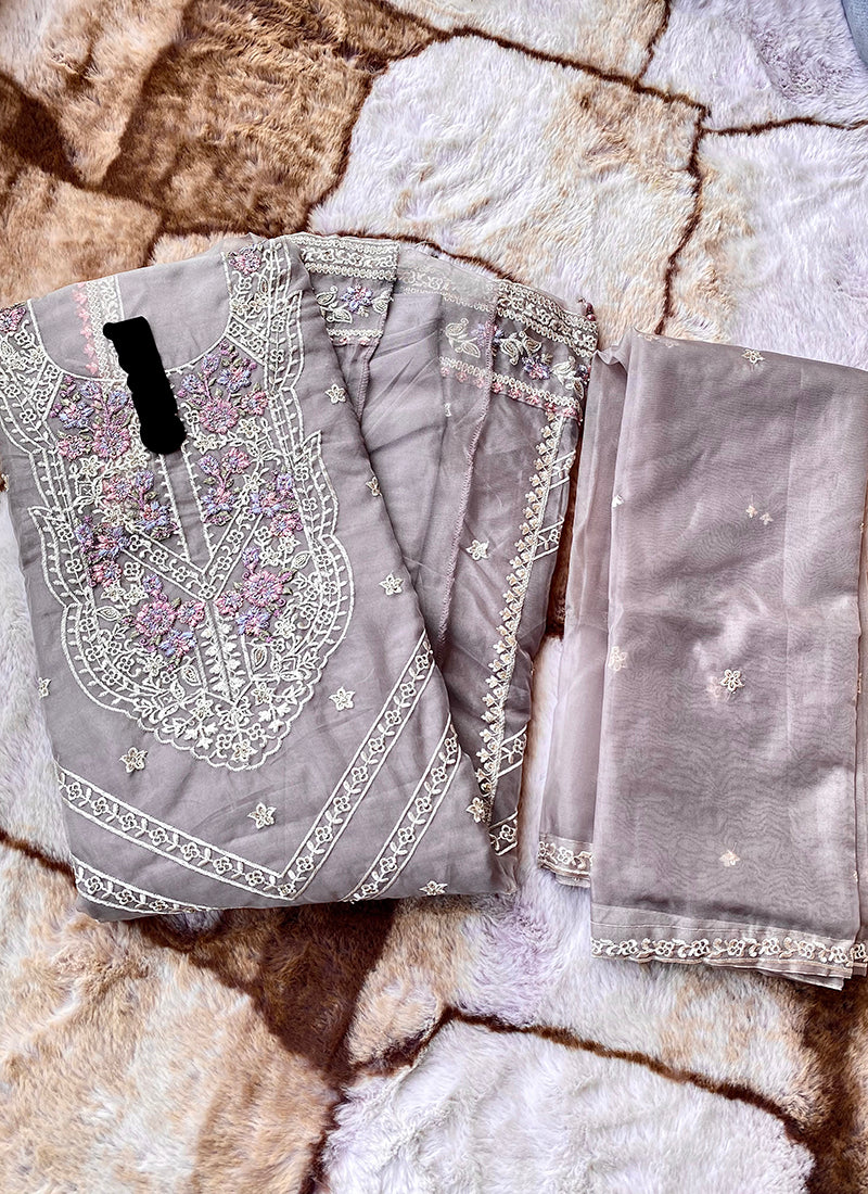 Heavy Organza Grey Eid Wear Embroidery Work Pakistani Suit 388305