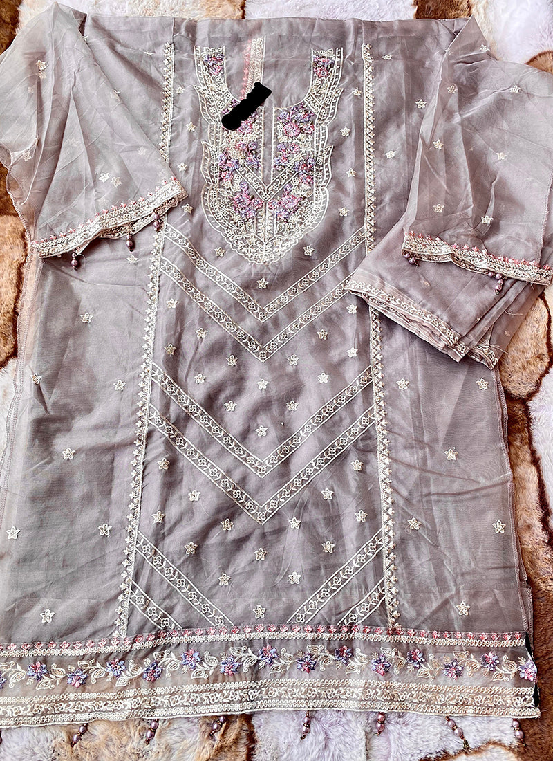 Heavy Organza Grey Eid Wear Embroidery Work Pakistani Suit 388305