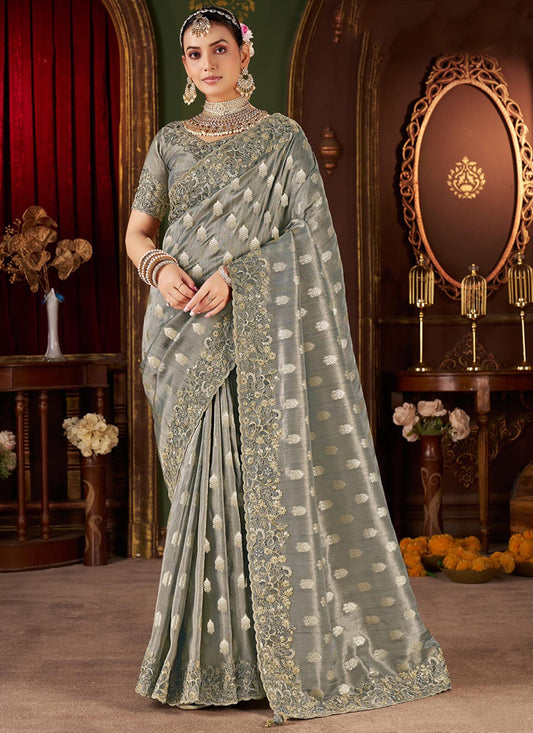 Jacquard Tissue Silk Grey Wedding Wear Border Work Wedding Saree 387803