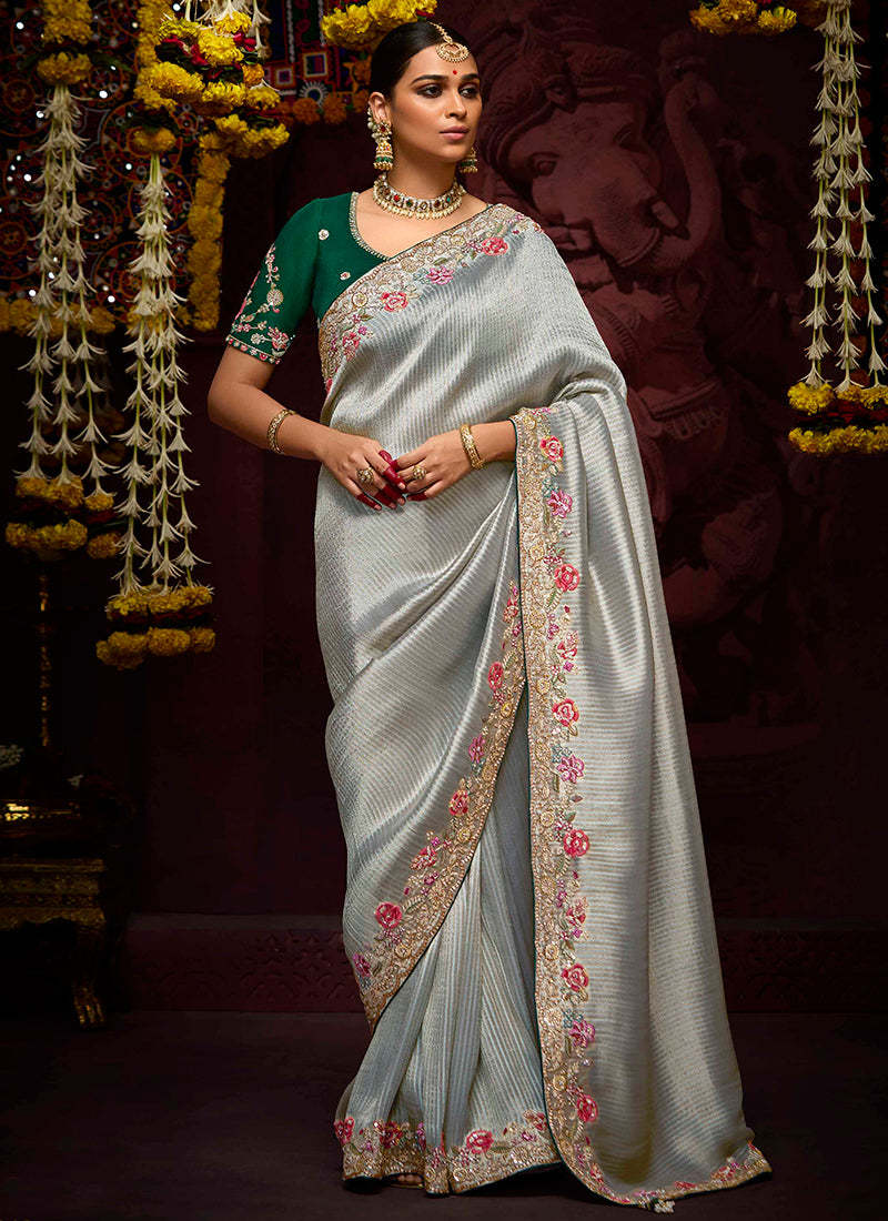 Grey Kanjivaram Silk Sequins Work  Party Wear Saree SW601001