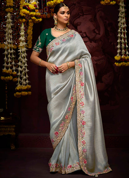 Grey Kanjivaram Silk Sequins Work  Party Wear Saree SW601001