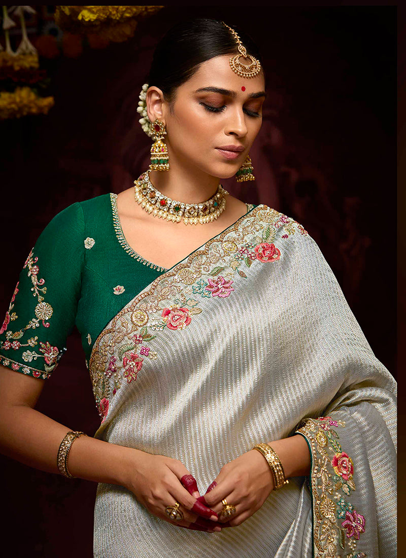 Grey Kanjivaram Silk Sequins Work  Party Wear Saree SW601001