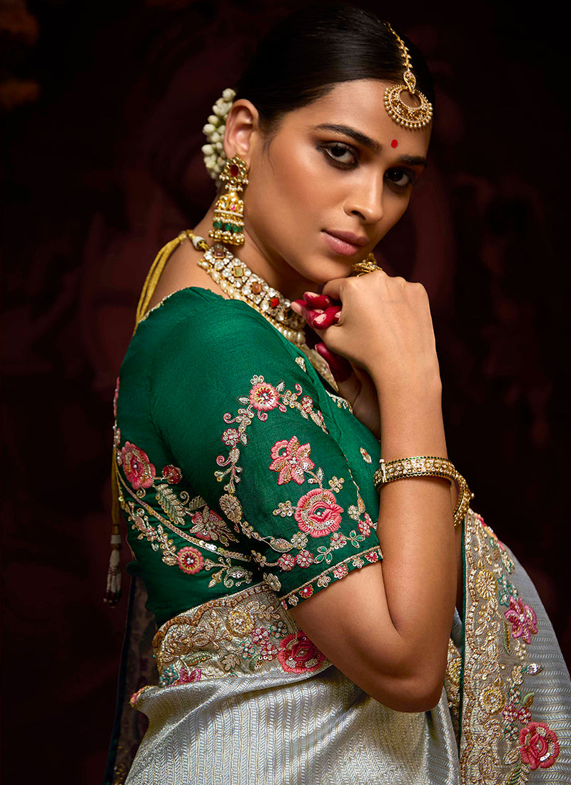 Grey Kanjivaram Silk Sequins Work  Party Wear Saree SW601001