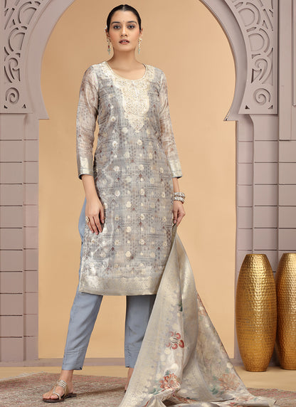 Organza Jacquard Grey Party Wear Pattern Pc Work Readymade Salwar Suit 386178