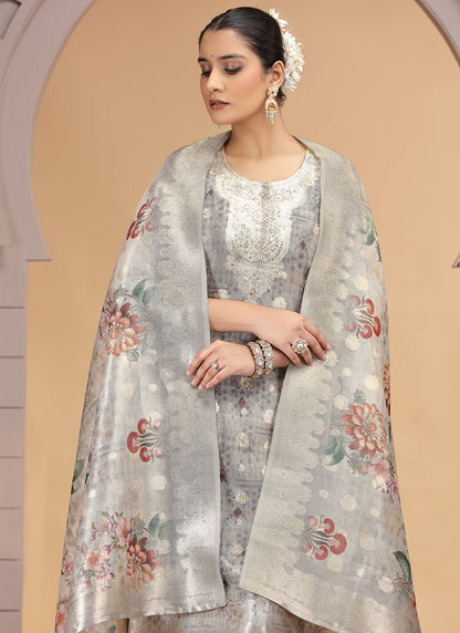 Organza Jacquard Grey Party Wear Pattern Pc Work Readymade Salwar Suit 386178